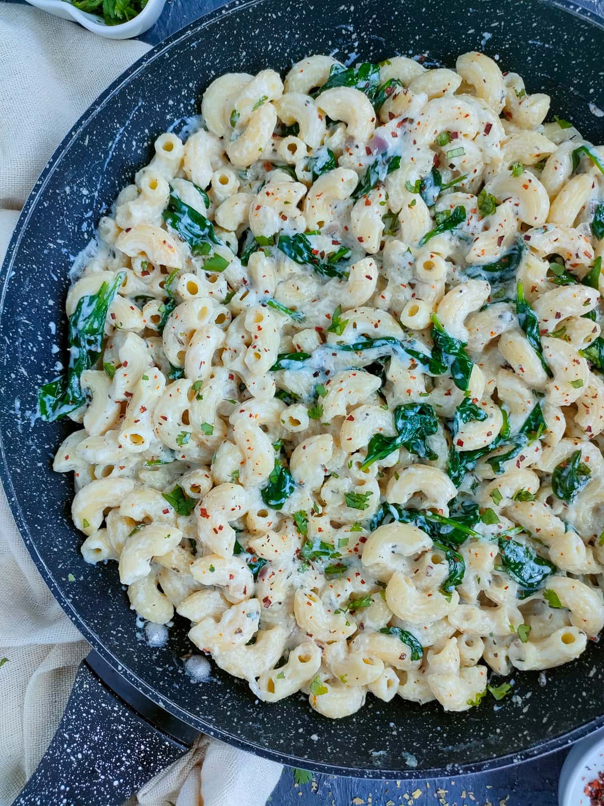 Silken Tofu Pasta Sauce Creamy pasta with silken tofu sauce in a wide pan.