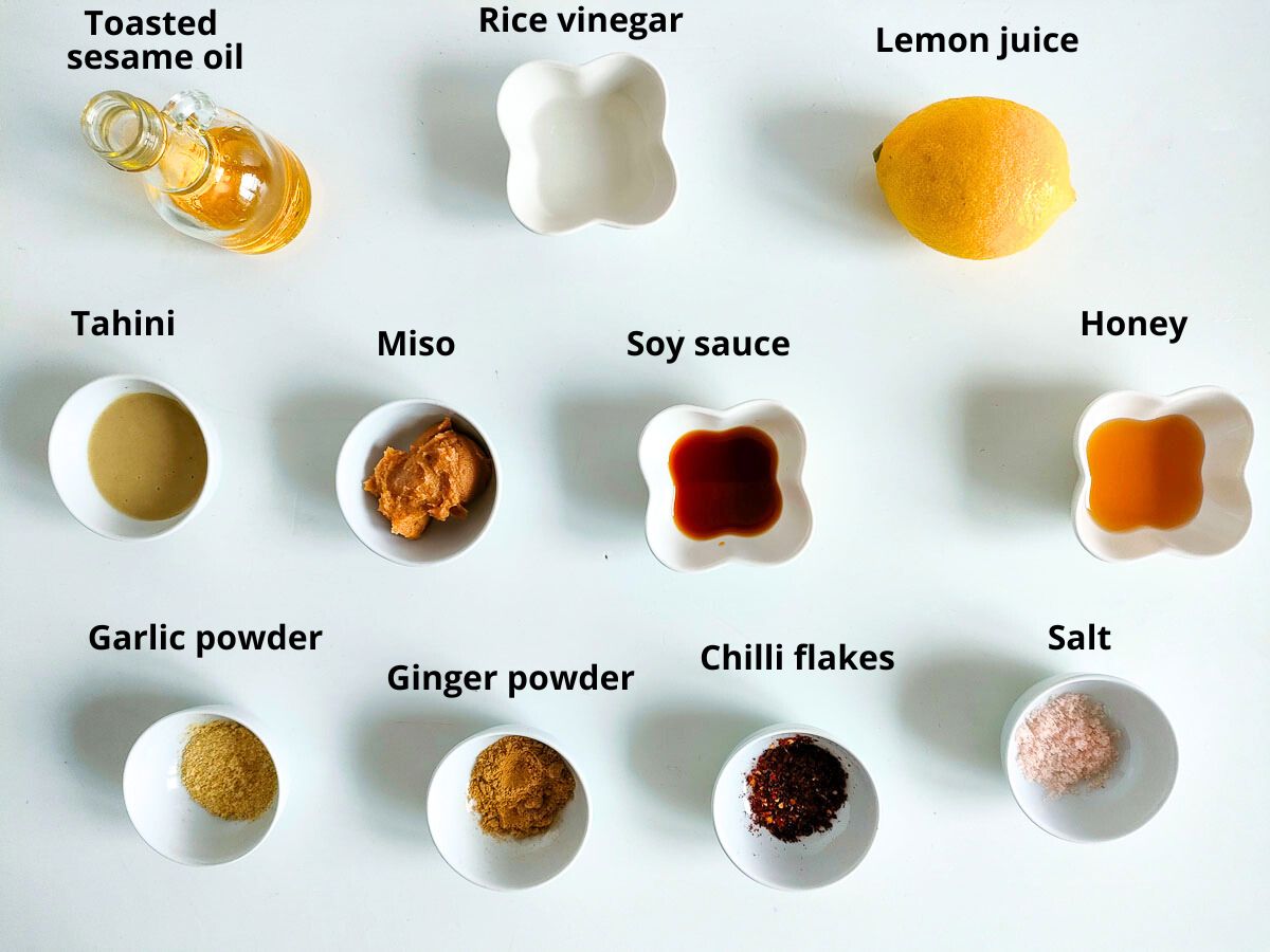 Labelled ingredients for tahini miso salad dressing.