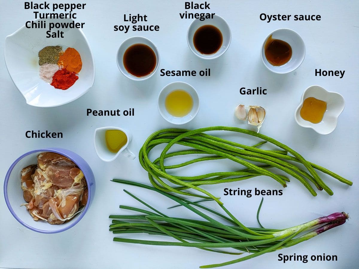 Labelled ingredients for string bean chicken.