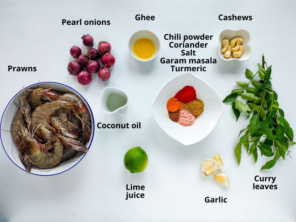 Labelled ingredients for Kerala prawn roast.