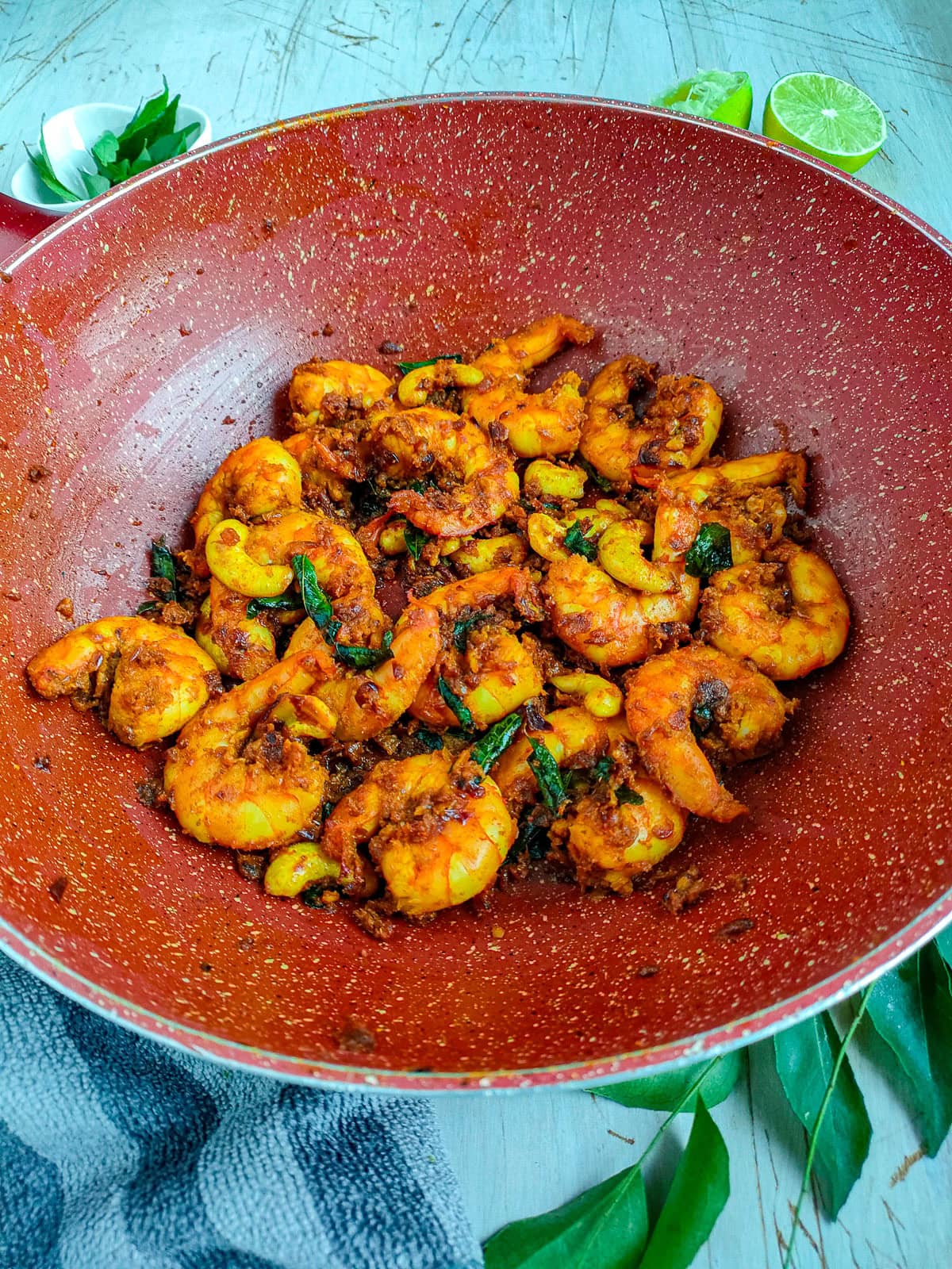 Prawn ghee roast in a wok pan.