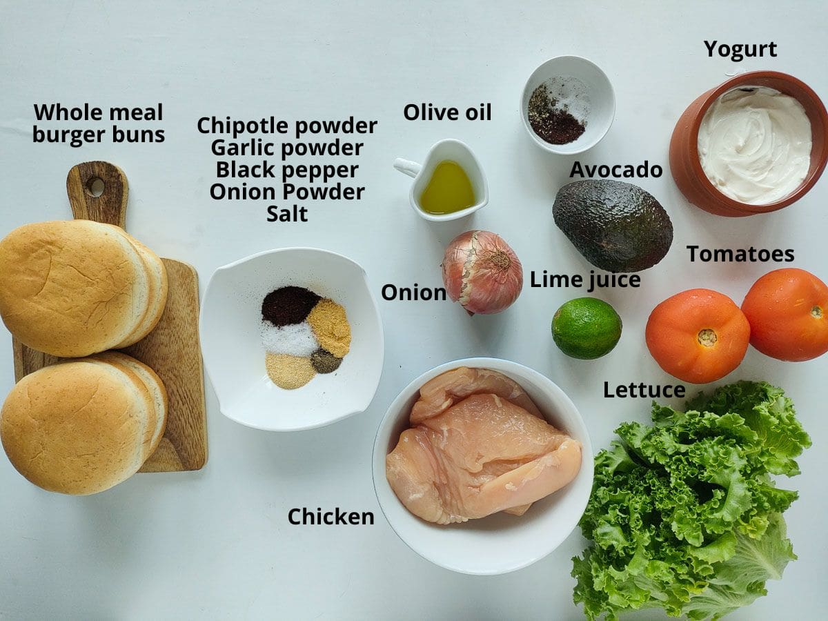 Wholesome Chipotle Chicken Sandwich with Easy Avocado Spread Labelled ingredients for chipotle sandwich.