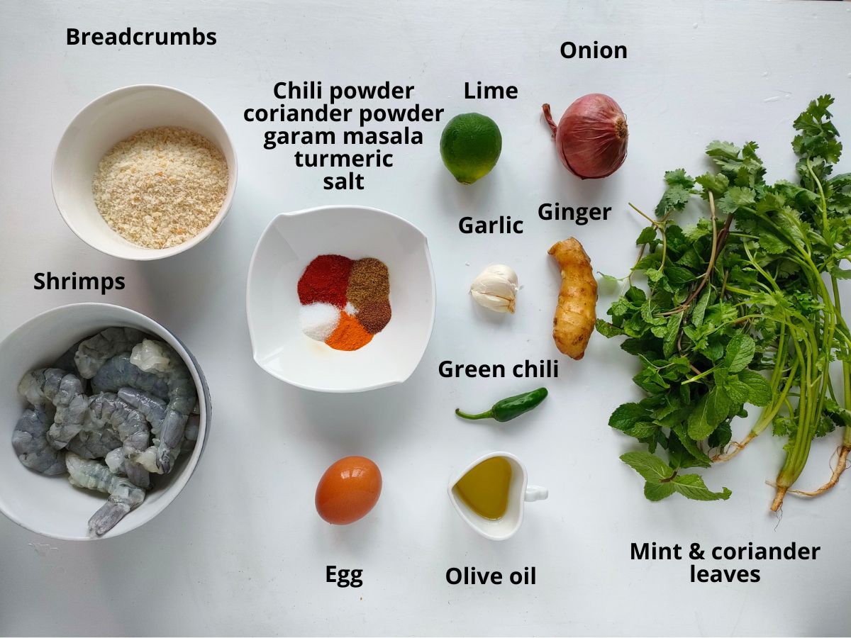 Easy Shrimp Fritters | Prawn Cutlets (no deep frying) Labelled ingredients for prawn cutlets.