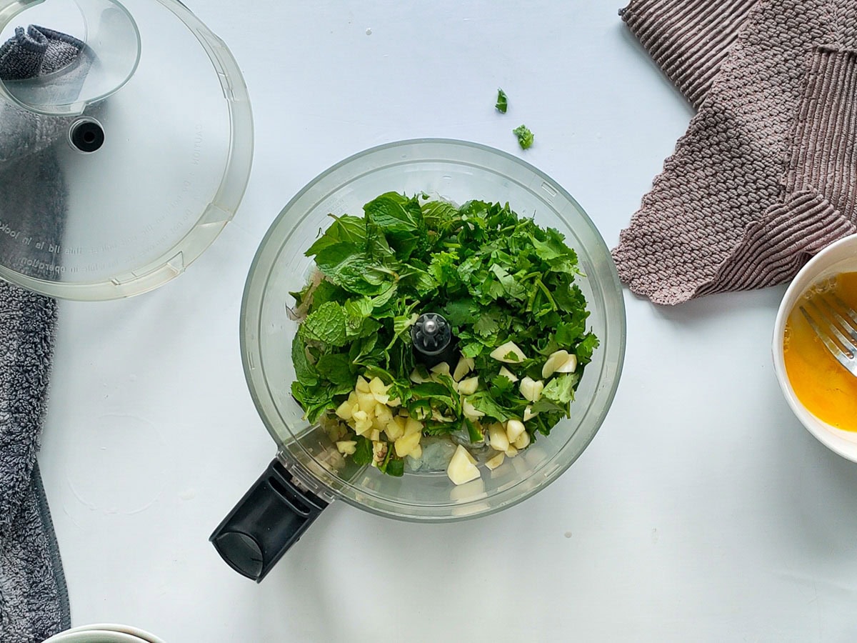 Easy Shrimp Fritters | Prawn Cutlets (no deep frying) Ingredients for shrimp cutlets in a food processor.