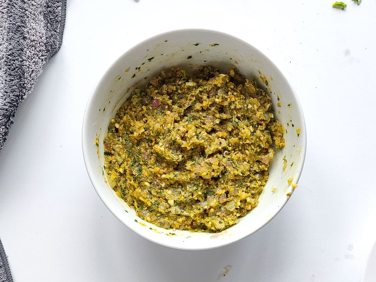 Easy Shrimp Fritters | Prawn Cutlets (no deep frying) Mixture for prawn cutlets in a large bowl.