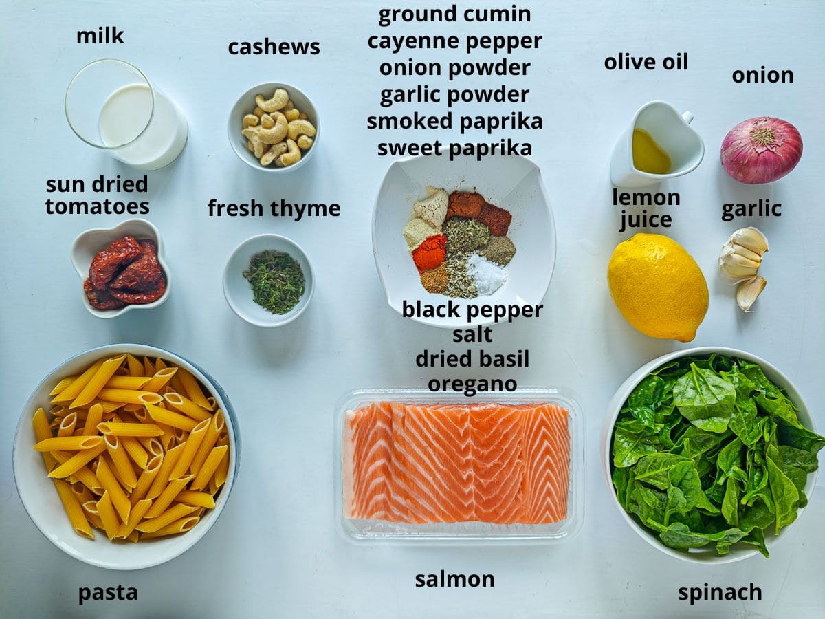 Cajun Pasta with Salmon (without cream) Labelled ingredients for salmon pasta without cream.