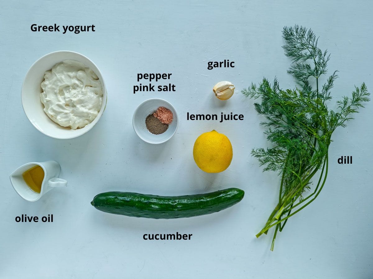 Creamy Cucumber Dill Tzatziki (Greek Yogurt Cucumber Dip) Labelled ingredients for cucumber dill tzatziki.