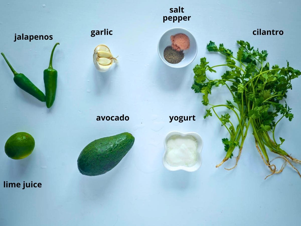 Easy Avocado Crema with Greek Yogurt Labelled ingredients for jalapeno avocado sauce.