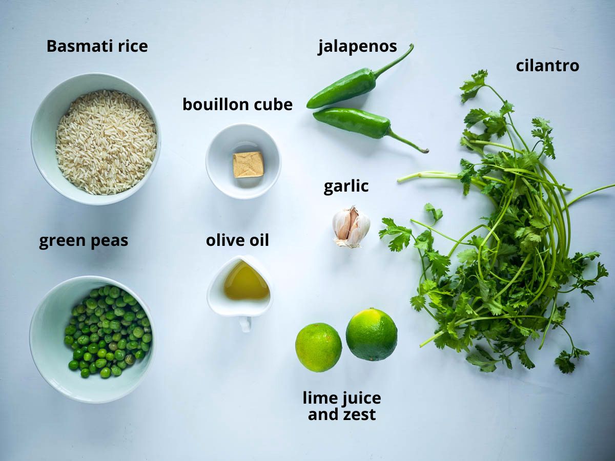Easy One Pot Cilantro Lime Basmati Rice Labelled ingredients for basmati rice with lime and cilantro.