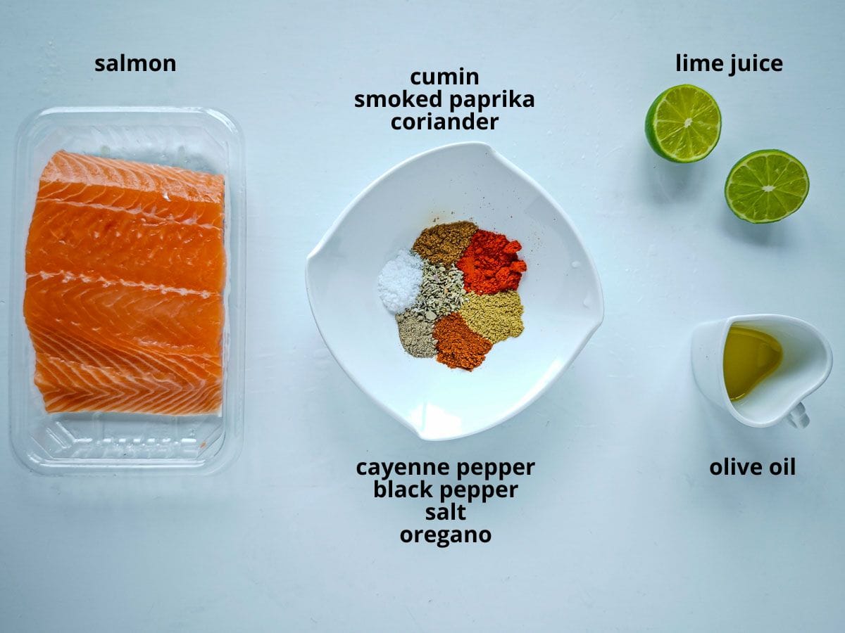Healthy Salmon Taco Bowls with Avocado Crema Labelled ingredients for salmon rice bowl recipe.