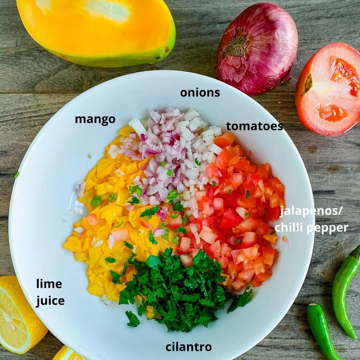 Mango Jalapeño Salsa with Tomatoes Labelled ingredients for mango tomato salsa with jalapenos.