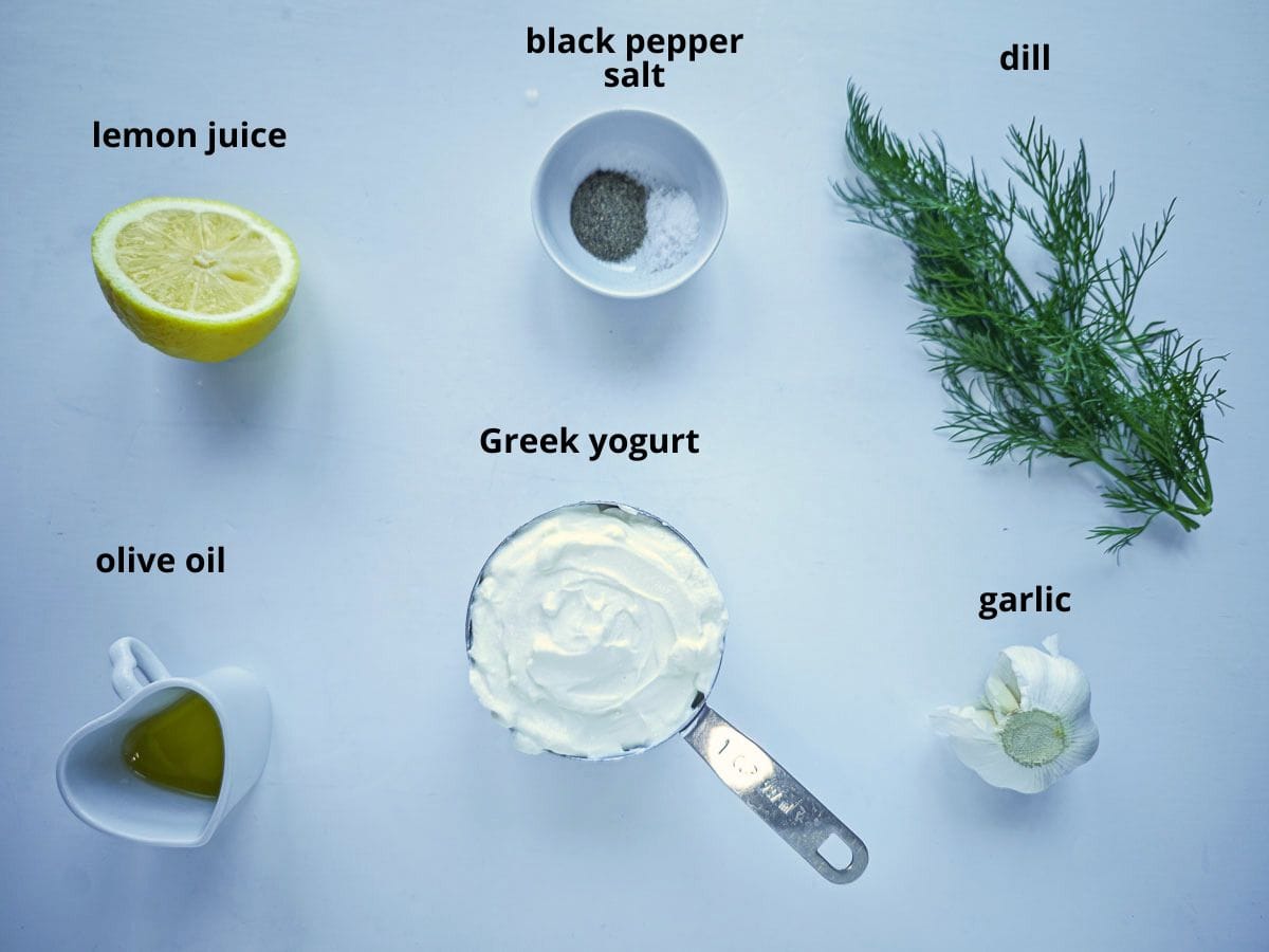Easy Garlic Yogurt Sauce (with Roasted Garlic) Labelled ingredients for yogurt garlic sauce.