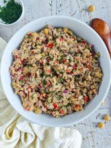 Mediterranean Chickpea Tuna Salad (No Mayo, High Protein) No-mayo chickpea salad with tuna in a large bowl.