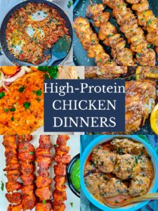 41 High Protein Chicken Recipes for Easy Weeknight Dinners A collage of high protein chicken recipes.