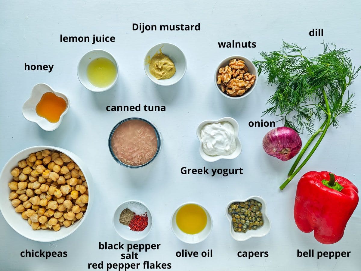 Mediterranean Chickpea Tuna Salad (No Mayo, High Protein) Labelled ingredients for chickpea salad with tuna.