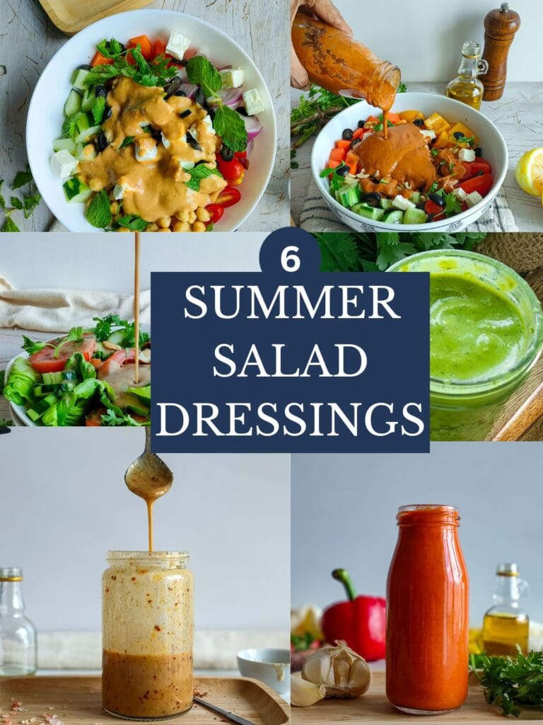 A collage of summer salad dressings.