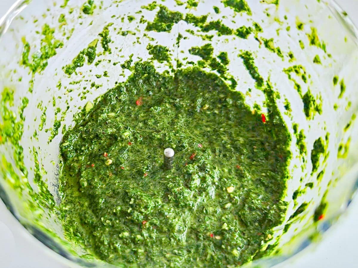Low-calorie Basil Chimichurri (without excess oil) Basil parsley chimichurri sauce in a blender jar.