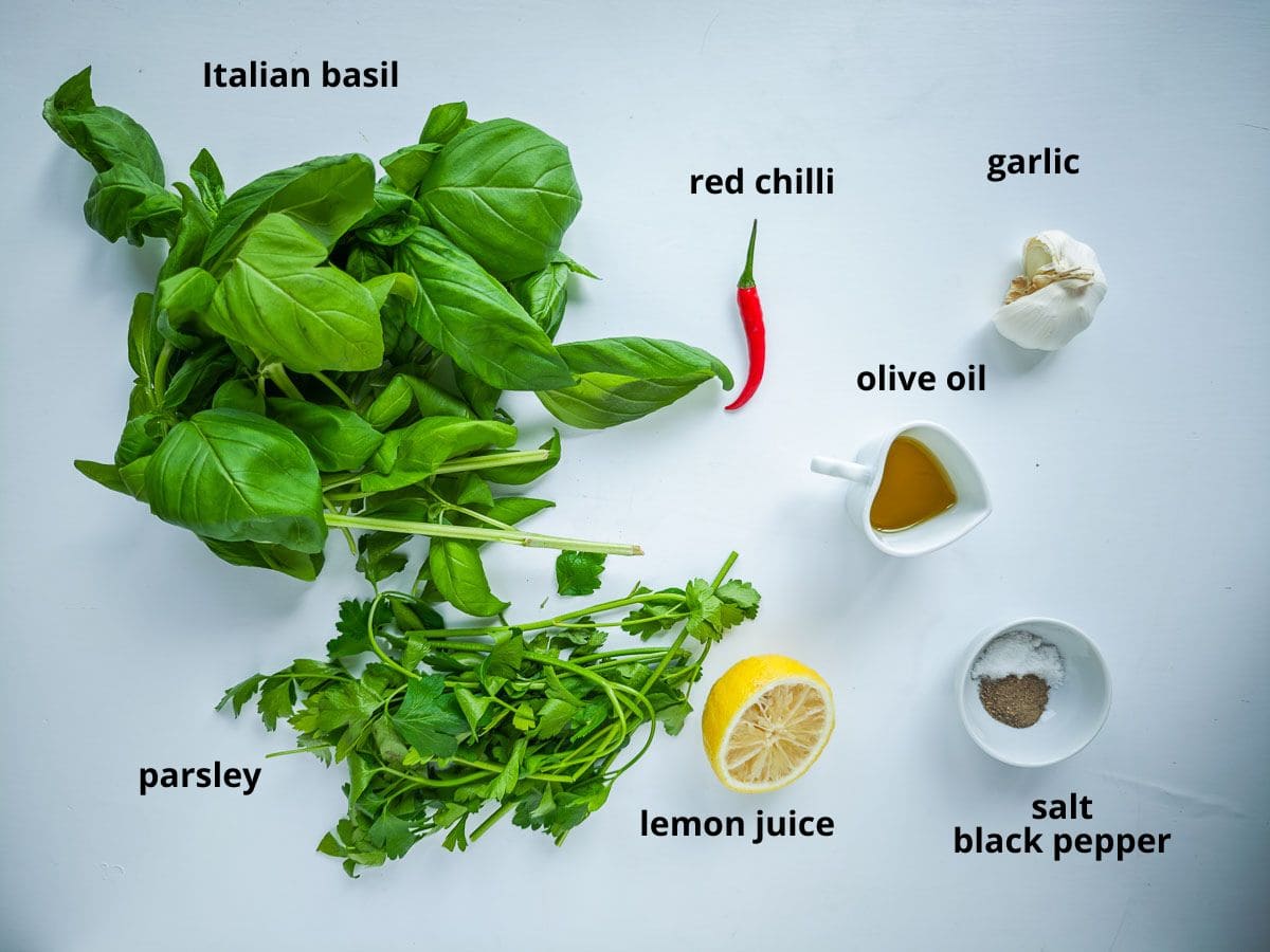 Low-calorie Basil Chimichurri (without excess oil) Labelled ingredients for chimichurri sauce with basil.
