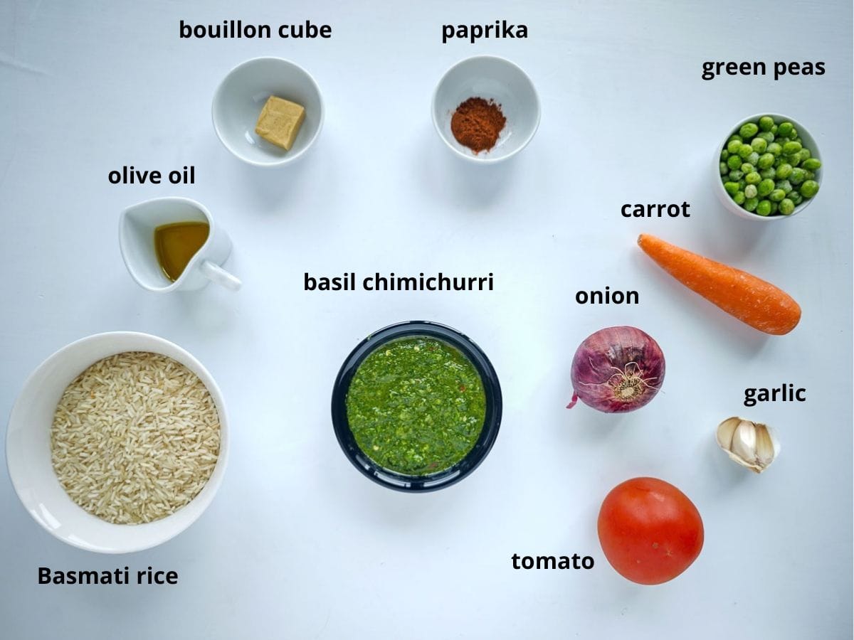 Easy Chimichurri Rice with Vegetables Labelled ingredients for rice with chimichurri sauce.