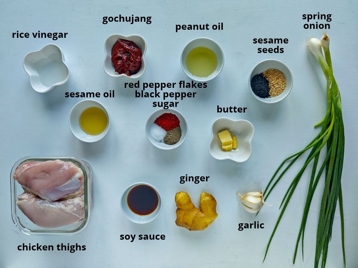 Easy Gochujang Chicken Thighs (Sticky & Oven-Baked) Labelled ingredients for gochujang marinated chicken.