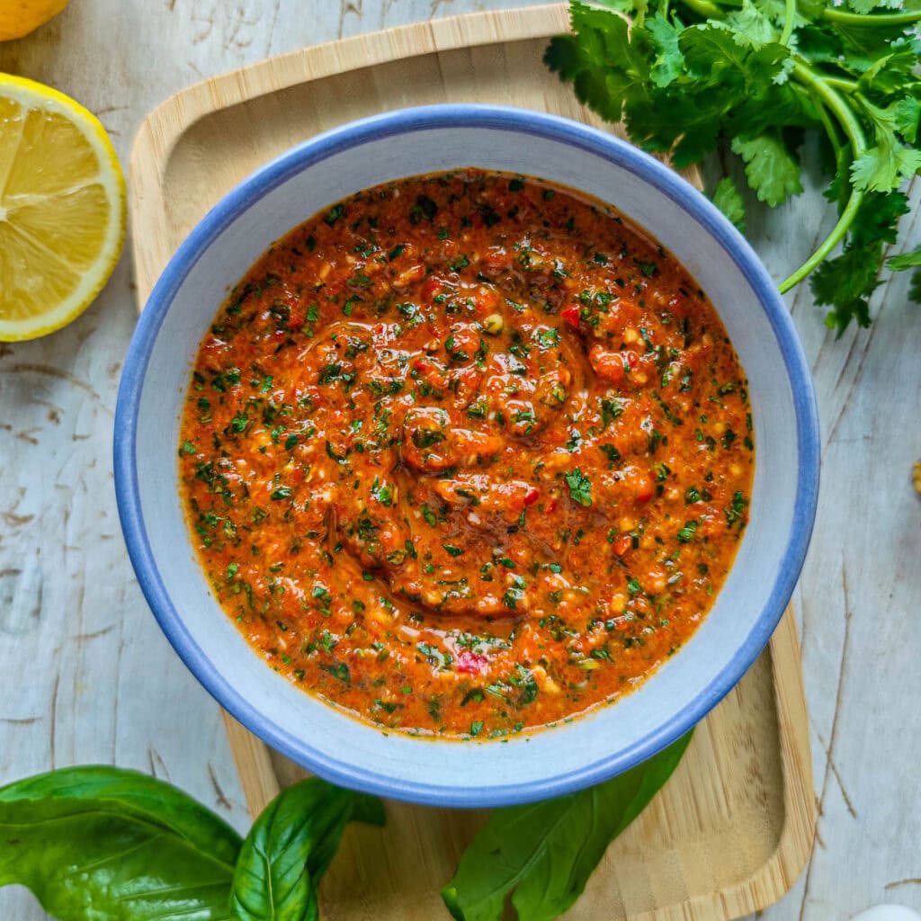 Easy Chimichurri Rice with Vegetables Roasted pepper chimichurri in a bowl.